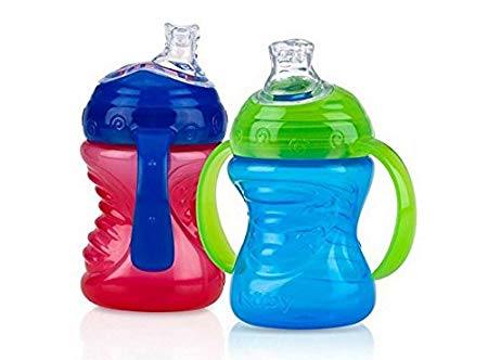 Nuby 2-Pack Two-Handle No-Spill Super Spout Grip N' Sip Cups, 8 Ounce (Red & Blue)