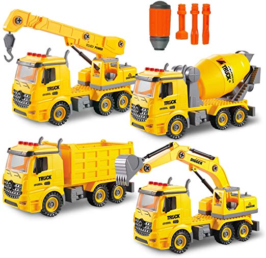 Toy To Enjoy 4-in-1 STEM Learning Construction Truck Toy – Builds Dump Truck, Cement Mixer, Excavator & Crane for Kids Ages 7 in Up