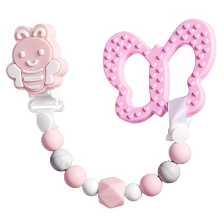 BBBiteMe Pacifier Clip & Cute Butterfly Teether Toy, Teething Silicone Beads, BPA Free 100% Food Grade Silicone Binky Holder for Girl, Teething Toys, Soothie, Mam, Drool Bibs