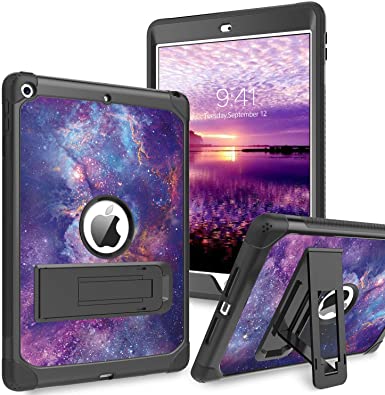 iPad 7th Generation Case, iPad 10.2 Case 2019, DUEDUE Kickstand Galaxy Nebula Design Heavy Duty 3 in 1 Shockproof High Impact Full Protective Case for New Apple iPad 7th Generation 10.2,Purple/Black