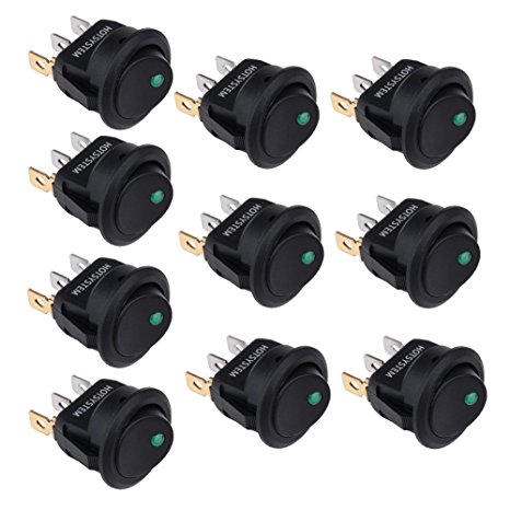 HOTSYSTEM 10PC New 20A 12V Round Rocker Toggle Switch Green LED SPST For All