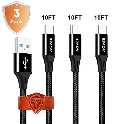 3A Seamless End Tip USB C Cable [3 Pack 10ft], Agvee Heavy Duty Delicate Gloss Metal, Durable Braided Type C Charger, Fast Charging Cable for Samsung Galaxy S9 S8 Note 8 LG V30 V20 Black