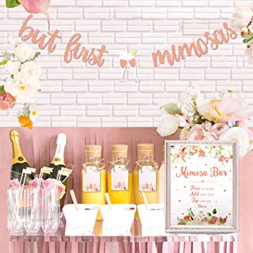 Mimosa Bar Sign But First Mimosas Banner Boho Floral Bridal Shower Decorations Rose Gold Baby Shower Graduation Decor Brunch Bubbly Bar Themed Wedding Engagement Birthday Party Mimosa Bar Kit
