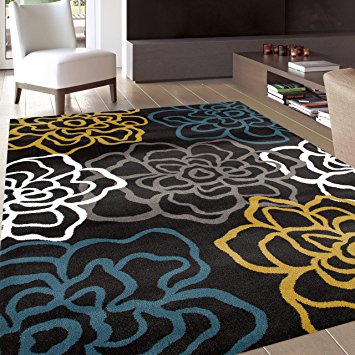 Rugshop Contemporary Modern Floral Flowers Area Rug, 7' 10" x 10' 2", Yellow/Gray