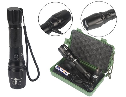 Tactical Flashlight Phixton 1200lm T6 LED Zoomable Metal Water-resistant Handheld LED Military Torch 18650 USB Rechargeable Battery,USB Charger Adapter,Bike Mount, 3.5mm port To USB Cable Included