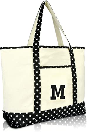 DALIX Initial Tote Bag Personalized Monogram Black Star Zippered Top Letter - M