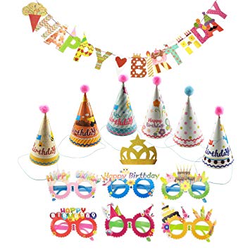 Small Birthday Party Hats with Pom Poms and Glitter Crow Set for Kids or Adults with Happy Birthday Banner and Lens-less Happy Birthday Glasses by CSPRING
