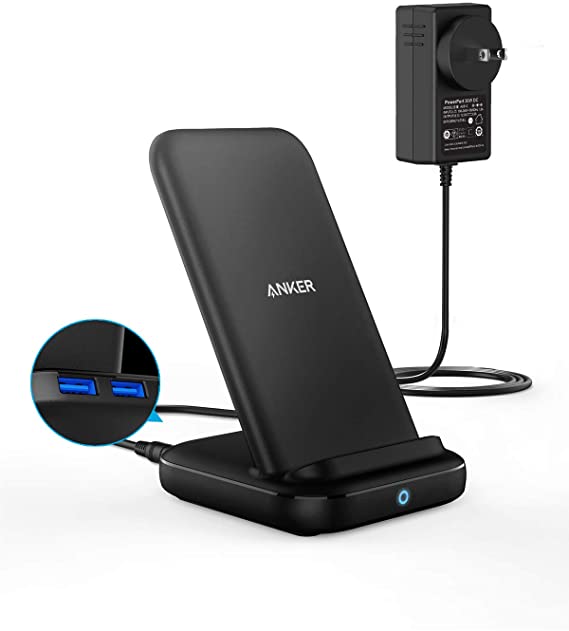 Anker 3-in-1 Multi-Device Wireless Charging Station, PowerWave 10 Stand with 2 USB-A Ports, for iPhone 11, 11 Pro, XS Max, XR, XS, X, 8, 8 Plus, Galaxy S10, S9, S8. 36W Power Supply Included