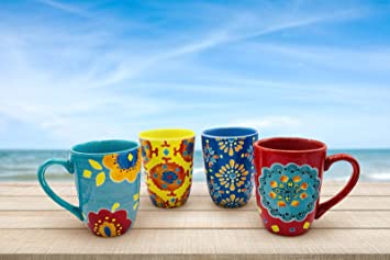 Laurie Gates Boho Floral Colorful Coffee Mugs Tea Cup Beverage Drink Set Of 4 Bundle: Coffee Mugs Multi Color Large Cups