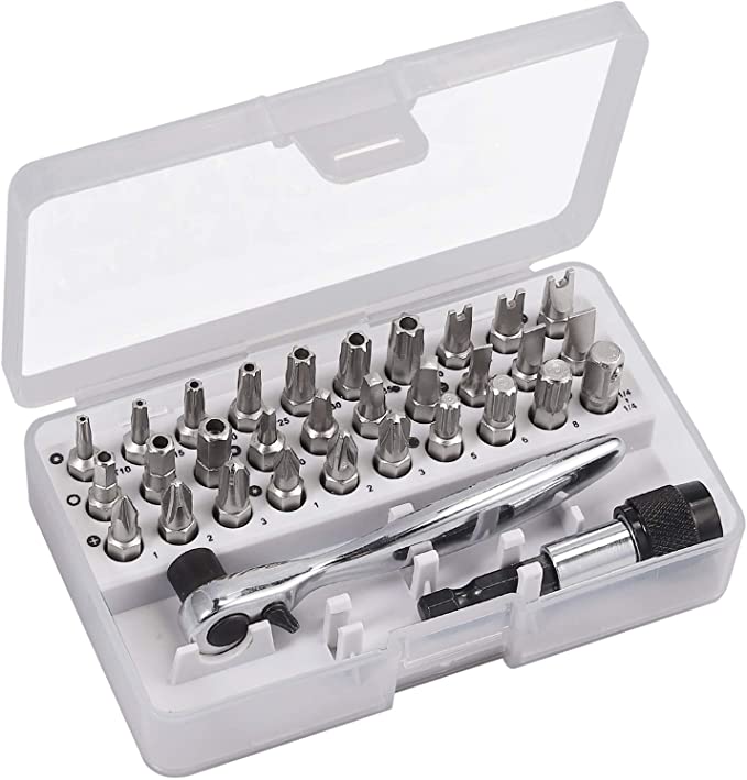 Justech 32PCs 1/4" Mini CRV Reversible Rapid Ratchet Wrench Screwdriver Bits Set Multi-tool with High Torque 72-Tooth Gearhead for Repairing Household Appliances