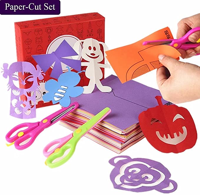 qiaoniuniu Fun Paper-Cut Set; Paper Cutting; Paper Art; Scissor Skills Activity Cutting Book; Kids Scissors Crafts Kits Preschool-120 Pages with A Pair of Child-Safe Scissors