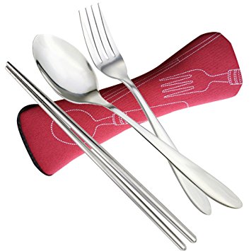 Portable Stainless Steel Utensil Set, 3-pieces Flatware includes Spoon Fork and Chopsticks (Red)