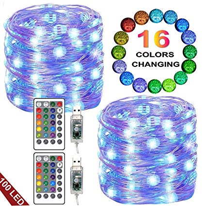 LED String Lights, 2 Set 100 Led USB Powered Multi Color Changing String Lights with Remote, 4 Modes Twinkle Fairy Lights for Indoor Outdoor Garden Party Wedding Christmas Decor (16 Colors)