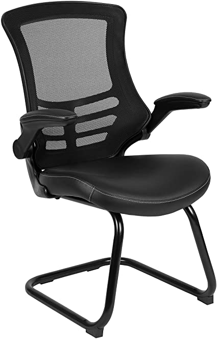 Flash Furniture Black Mesh Sled Base Side Reception Chair with White Stitched LeatherSoft Seat and Flip-Up Arms