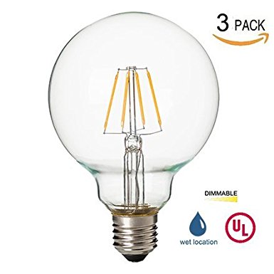 LED2020 LED G25 Globe Filament Light Bulb, 120VAC, Day Light (5000K), 4.5W to Replace 40W Incandescent Bulbs, E26 Base, Dimmable, Clear Bulb, UL Certified, 3PACK