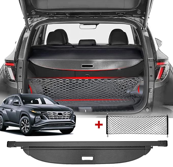 Volcaner Cargo Cover for Hyundai Tucson 2023 Accessories 2022 2024, Carbon Fiber Texture Retractable Trunk Organizer Trunk Cover Security Shielding Shade Tonneau Cover for 2022 2023 2024 Hyundai Tucson Accessories