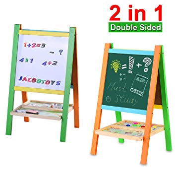 Jacootoys Standing Art Easel Two-Sided Whiteboard Chalkboard with Magnetic Alphabet and Numbers for Toddlers