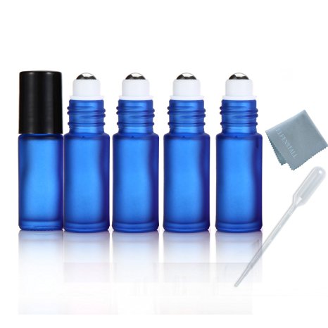 Elfenstall- 5pcs Thick 5ml(1/6oz) Roll on Glass Bottle Frosted Blue for Essential Oil Empty Aromatherapy Perfume Bottle - Refillable with Stainless Steel Roller Ball 3ml free Pipette dropper