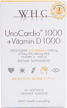 WHC UnoCardio 1000 + Vitamin D3 1000 IU Fish Oil - 60 Capsules - 95% Omega 3 1200 mg