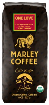 Marley Coffee, Organic One Love, Ethiopian YirgaCheffe, Whole Bean Coffee, 8 Ounce