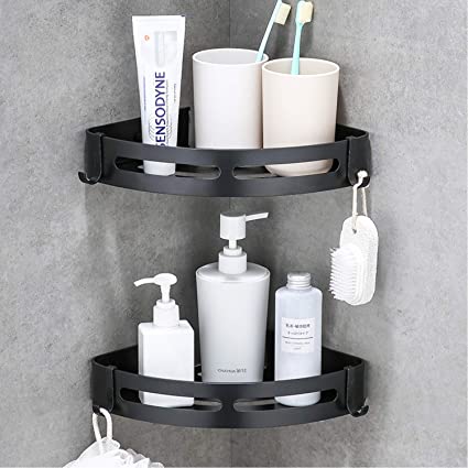 Haundry Shower Caddy Corner Adhesive Bathroom Shelf Wall Mounted, Non-Drilling Floating Shower Rack for Bathroom Storage/Kitchen/Shower Organizer (2-Pack, Black)
