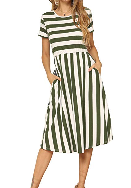 levaca Women's Casual Short Sleeve Striped Swing Midi Dress with Pockets