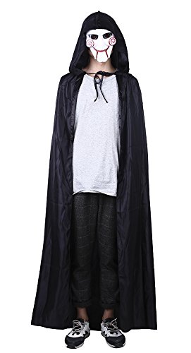Naice Men's Full Length Cape with Hood Black Smooth Satin, One Size