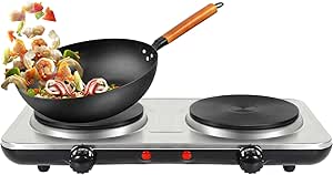 Uten Countertop Double Cast Iron Burner, 2000 Watts Electric Hot Plate, 5 level Temperature Controls, Power Indicator Lights, Easy to Clean, Black