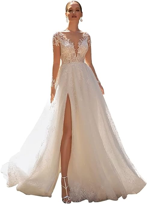 Fair Lady Wedding Dresses for Bride 2023 V Neck Lace Appliques Beaded Straps Bridal Gown for Women