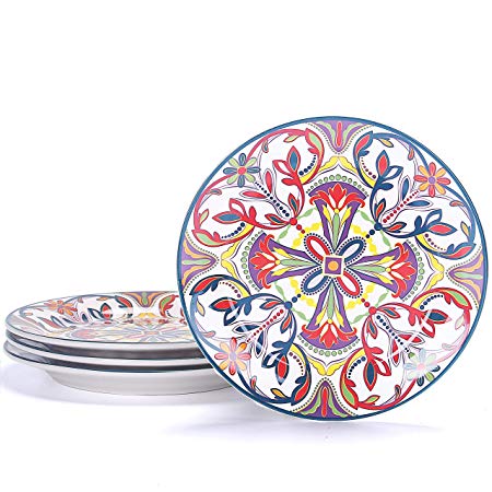 Bico Red Blue Leaf Ceramic 8.75 inches Salad Plates, Set of 4, for Pasta, Salad, Appetizer, Microwave & Dishwasher Safe, House Warming Birthday Anniversary Gift