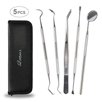 Dental Hygiene Tools Pro Kit 5-in-1 | Stainless Steel Dental Scaler, Mouth Mirror, Tarter Scraper, Dental Probe, Tweezers, Plaque and Calculus Remover | Dentist Instruments Set For Home & Pet