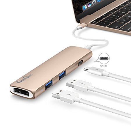 Type-C Multi-Port Hub Adapter, USB-C Hub with Power Delivery 2 SuperSpeed USB 3.0 Ports 1 HDMI Port 1 USB-C Input Charging Port with PD Specification for MacBook 12-Inch, Aluminum Alloy Build (Gold)