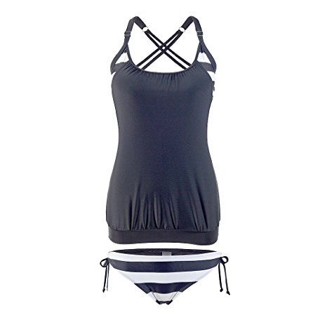 Lemef Women Stripes Lined Up Tankini Double Up Swimwear Two Pieces Bathing Suit