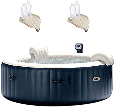 Intex 28409E PureSpa 6 Person Home Outdoor Inflatable Portable Heated Round Hot Tub Spa 85-inch x 28-inch with 170 Bubble Jets, Built in Heat Pump, and Drink Cup Holder Refreshment Tray (2 Pack)