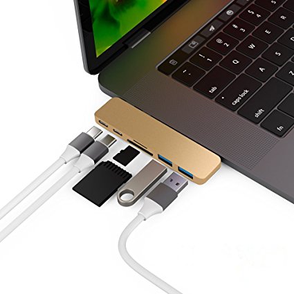 MacBook Pro Hub，Bobalaly 6in1 Aluminum USB-C Macbook Pro Fastest Hub Adapter for 2015/2016/2017 MacBook Pro 13” and 15” 40Gbs Thunderbolt 3, SD/Micro Card Reader, 2 USB 3.0 Ports (Golden)