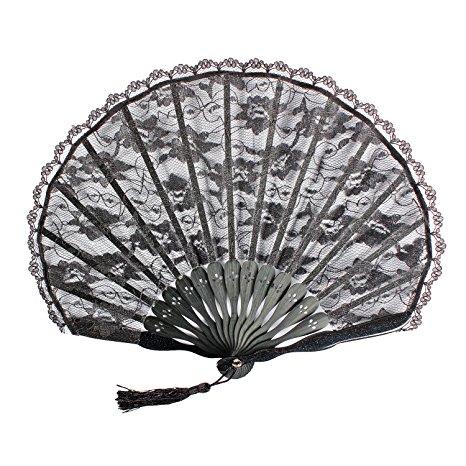 Metable Lace Folding Fan Black Bamboo Ribs Palace Shell Design Women Folded Fans Handheld Props for Dancing Cosplay Wedding Party Props Home Office Wall Decoration (Shell style)