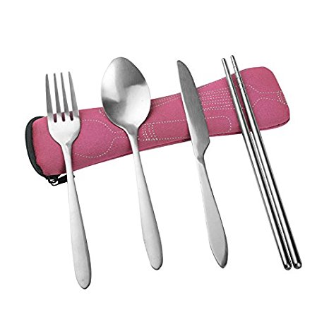 Stainless Steel Lightweight Flatware,4 piece (Knife, Fork, Spoon, Chopsticks)with mini Zipper Neoprene Case Easy Carry, Great for Traveling Camping and Outdoor Party