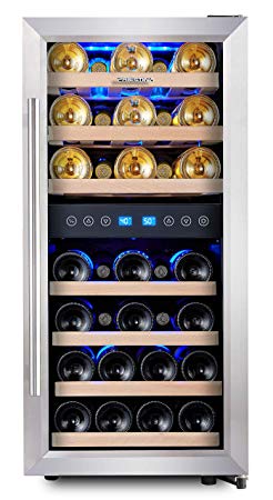 Phiestina 33 Bottle Wine Cooler Refrigerator | 16 Inch Wide Red and White Wine Chiller | Free Standing Glass Door Wine Cellar | Quiet Operation Fridge | Digital Memory Temperature Control