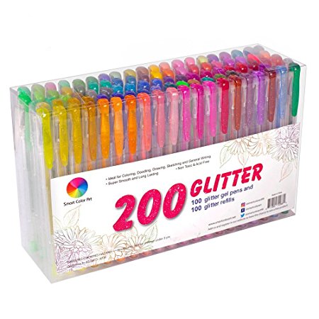 200 Pack Glitter Gel Pens Set, Smart Color Art 100 colors Gel Pen with 100 Refills For Adult Coloring books Drawing Painting Writing