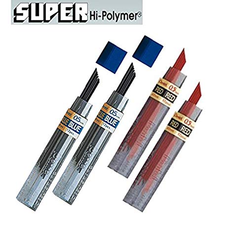 Pentel Lead Refills 0.5mm RED (2pcs.)   Blue (2pcs.), 12 Leads per Tube