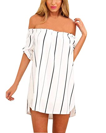 ZANZEA Women's Sexy Summer Casual Stripe Off Shoulder Loose Long Top Tunic Beach Mini Dress