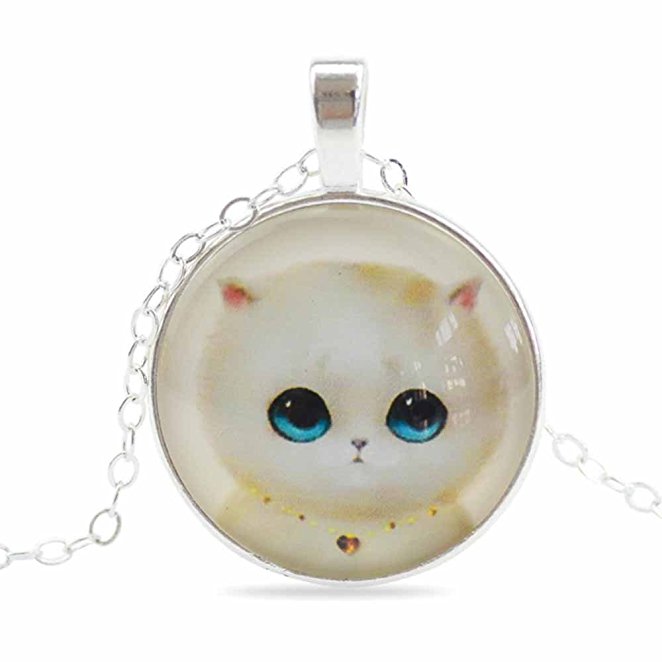 Cute Cat Blue Eyes Glass Cabochon Art Vintage Pendant Necklace Adjustable Link Chain 20 - 22 inches