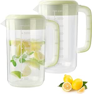 1 Gallon 4 Litre Clear Plastic Pitcher with Lid, 2 Pack Clear Water Pitcher for Cold Drinks, Iced Tea Pitcher for Lemonade, Iced Tea, Milk, Juice, Beverages.