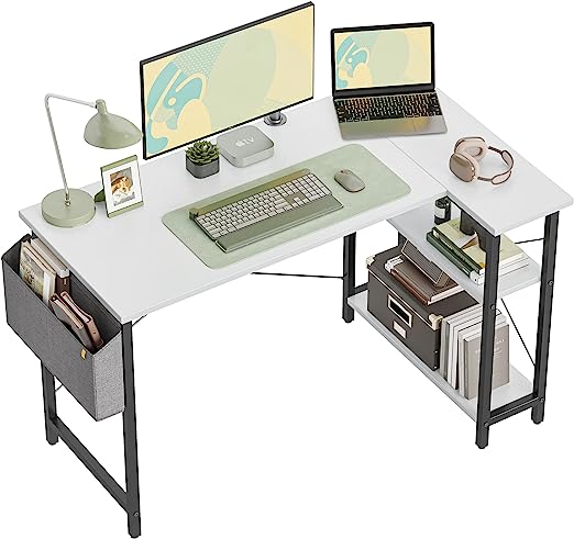 CubiCubi 100 cm Small L Shaped Computer Desk with Storage Shelves Home Office Corner Desk Study Writing Table, White