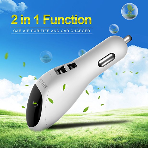 Car Air Purifier and Car Charger, DAXTROMN 2 in 1 Ionic Air Cleaner Ionizer with 2 USB Port Smart Car Charger-Remove odors and Charge devices【24 Months Warranty】 (White)