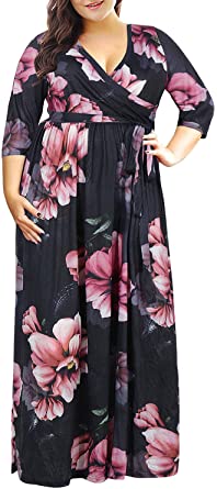 Nemidor Women's 3/4 Sleeve Floral Print Plus Size Casual Party Maxi Dress