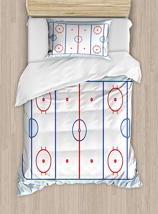 Ambesonne Hockey Twin Size Duvet Cover Set, Ice Hockey Field in Blue Tones and Red Graphic Outline for Sport Events, Decorative 2 Piece Bedding Set with 1 Pillow Sham, Blue Red Pale Blue