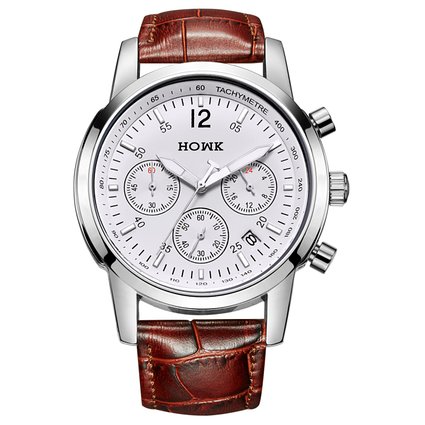 HOWK Mens Quartz Multifunction Chronograph Casual Date Watch White Dial Brown Calfskin Leather Strap