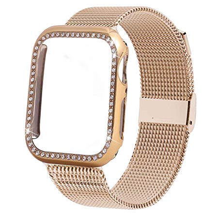 INTENY Compatible for Apple Watch Band 38MM 40MM 42MM 44MM with Bling Screen Protector, Women Stainless Steel Mesh Strap with Protective Crystal Diamond Case Compatible for iWatch Series 5/4/3/2/1