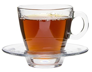 Tesoro Modern Clear Glass Tea/Coffee Cups with Matching Saucers, Set of 6 - 7.25 oz